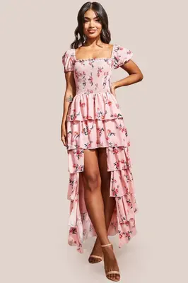 Goddiva Layered Dipped Hem Floral Maxi - Peach