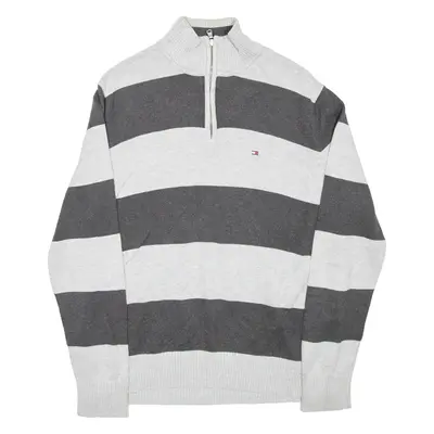 TOMMY HILFIGER Mens Patterned Jumper Grey Striped 1/4 Zip Tight Knit M