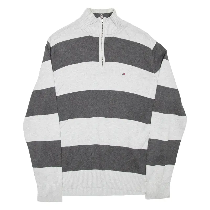TOMMY HILFIGER Mens Patterned Jumper Grey Striped 1/4 Zip Tight Knit M