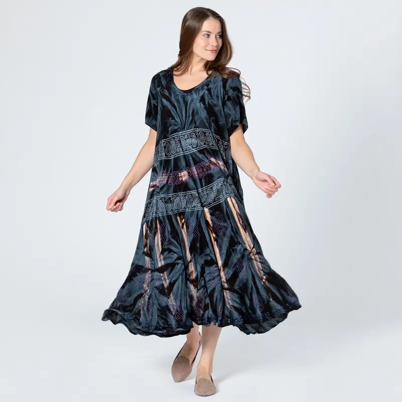 Black Tie-Dye & Paisley Short Sleeve Dress - OSFM Plus
