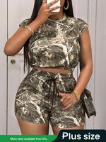 【Plus Size】 Two-piece Set All Over Print Shortsleeve Tee & Shorts, Casual Tee & Shorts for Daily Wear, Women's Two-piece ...