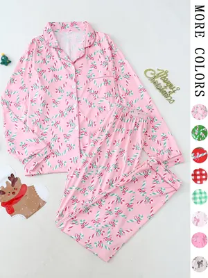 【Christmas Pajamas】Two-Piece Set Women's Bow Print Button Front Lapel Shirt & Pants Pyjama, Casual Comfy Long Sleeve Coll...