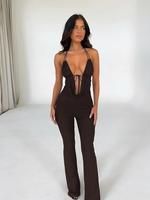 Women's Solid Color Halter Tie Backless Sleeveless Jumpsuit, Casual Fashion Fitted Plunge Neck Flare Leg Jumpsuit for Summer,...