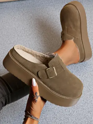 Women's Fashionable Solid Color Platform Slippers, Casual Comfortable Buckle Design Slippers for Indoor & Outdoor Wear, Fluff...