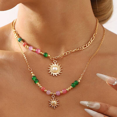 Sun Alloy Plastic Pearl Pendant Necklaces for Women