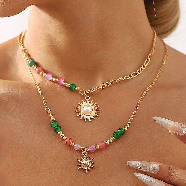 Sun Alloy Plastic Pearl Pendant Necklaces for Women