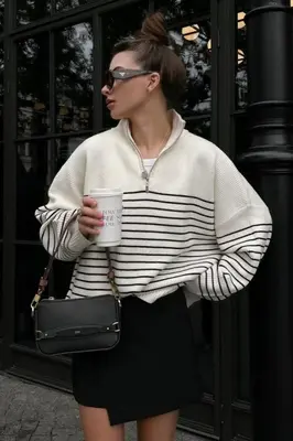 Striped Zip-Front Polo Women's Quarter Zip Striped Oversized Sweater 2025 Mock Turtleneck Fall Fashion Outfit