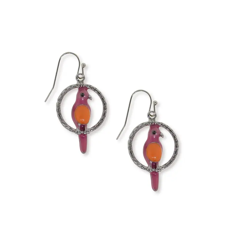 Pewter Hoops with Blue & Green Enamel Parrot Earrings