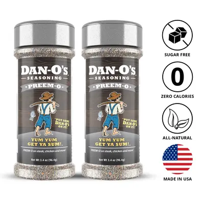 Dan-O's Seasoning Preem-O - 2 Pack - Small bottles 3.4 oz - Steak seasoning and great flavor for grilling