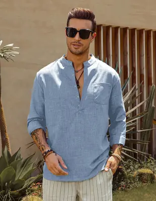 Coofandy Cotton Style Long Sleeve Shirt, Sky Blue / L