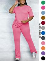 Women's Solid Drop Shoulder Tee & Pants Two-piece Set, Casual Fashion Cozy Half Sleeve T-shirt & Trousers for Daily Outdoor W...
