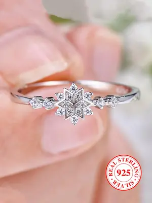 S925 Sterling Silver Snowflake Design Ring, Rhinestone Decor Engagement Ring, Fashion Accessories for Women & Girls, Trendy...