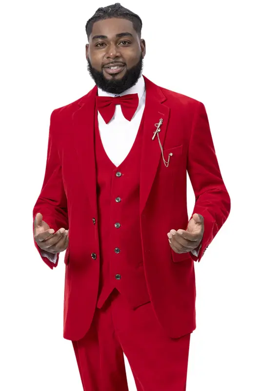 Red Velvet Two-Button Vested Suit for Men - Elegant Formal Wear