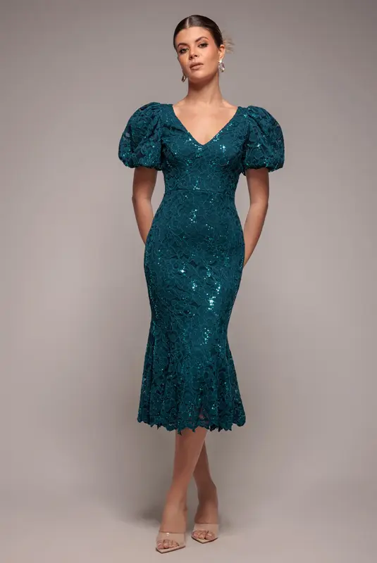 Goddiva Sequin Lace Puff Sleeve Fit & Flare Midi Dress - Teal Blue