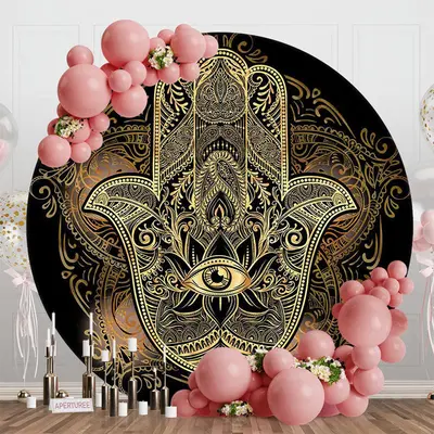Round Gold Mysterious Mandala Hamasa Hand Backdrop - Aperturee