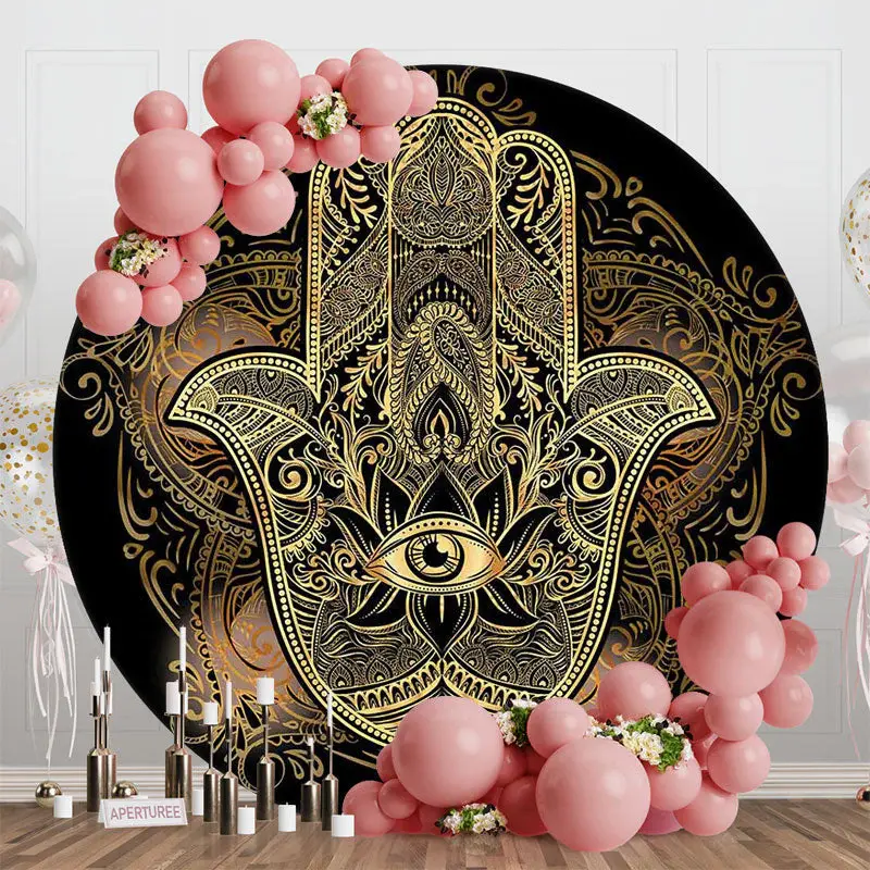 Round Gold Mysterious Mandala Hamasa Hand Backdrop - Aperturee