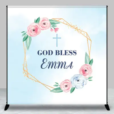 Aperturee Custom God Bless Pink Blue Flower Baptism Backdrop | Custom Christening Backdrop | Personalized Baptism Backdrop | ...