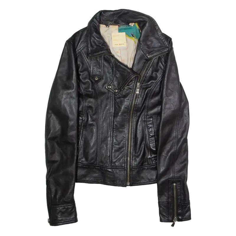 TED BAKER Womens Biker Jacket Black Leather XS