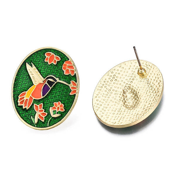Enamel Hummingbird and Flower Stud Earrings