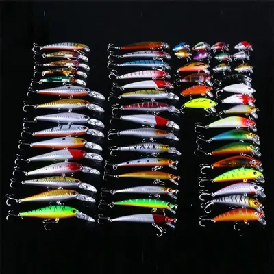 Artificial Fishing Lure (56pcs/set), Mixed Color & Shape Designs Lure with Hook, Portable Outdoor Fishing Accessories for Fis...