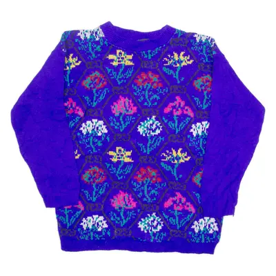 JAGUAR Womens Patterned Jumper Purple Floral 90s Tight Knit M