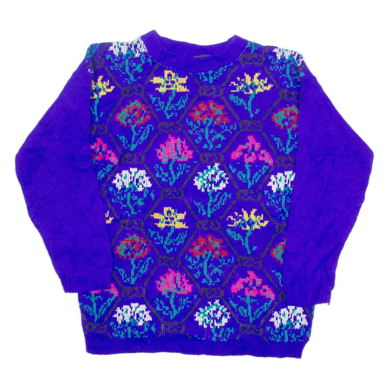 JAGUAR Womens Patterned Jumper Purple Floral 90s Tight Knit M