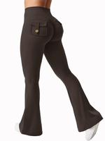 Women's Solid High Waist Flare Leg Sports Leggings, Casual Comfy Pocket Design Bell Bottom Yoga Pants for Daily Wear, Ladies ...