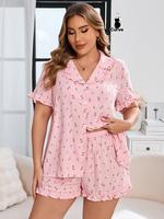 【plus Size】 All Over Floral Print Top & Shorts Pyjama Two-piece Set, Cute Casual Comfy Short Sleeve Top & Shorts Set, Wom...