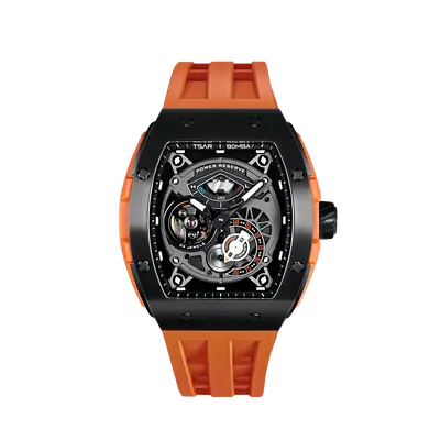 TSAR BOMBA Men's Automatic Watch | Black Orange | The Elemental TB8210CF | 316L Stainless Steel Bezel | Luxury Skeleton Mecha...