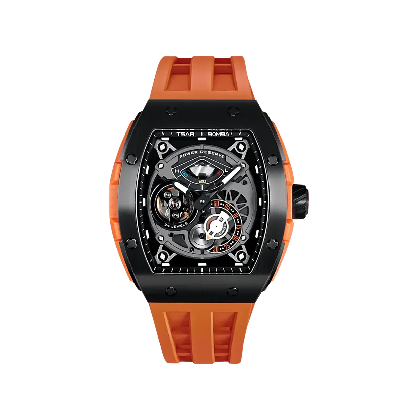 TSAR BOMBA Men's Automatic Watch | Black Orange | The Elemental TB8210CF | 316L Stainless Steel Bezel | Luxury Skeleton Mecha...