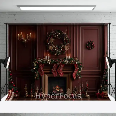 Dark Red Luxury Wall Fireplace Christmas Backdrop - Aperturee