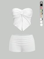 Two-Piece Set Women's Solid Ribbed Crop Tube Top & Shorts, Casual Fashion Cozy for Daily Outdoor Wear, Ladies Clothes for Sum...