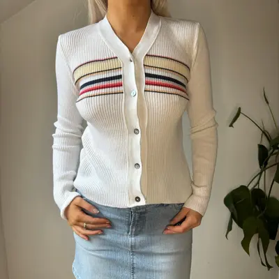 Teddy Striped Cardigan - Small White Cotton Blend