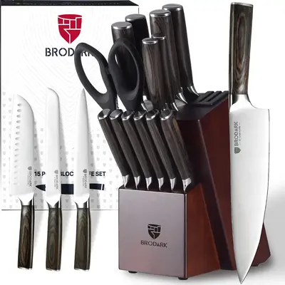BRODARK 15PCS Full Tang Knife Set with Block wooden controller Food Grade German High Carbon Stainless Steel Professional Che...