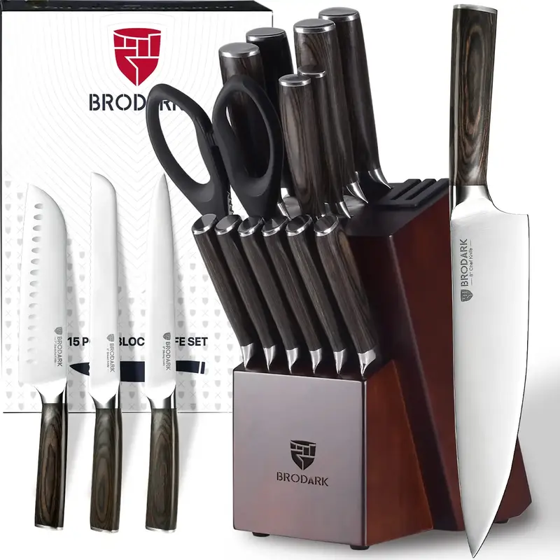 BRODARK 15PCS Full Tang Knife Set with Block wooden controller Food Grade German High Carbon Stainless Steel Professional Che...