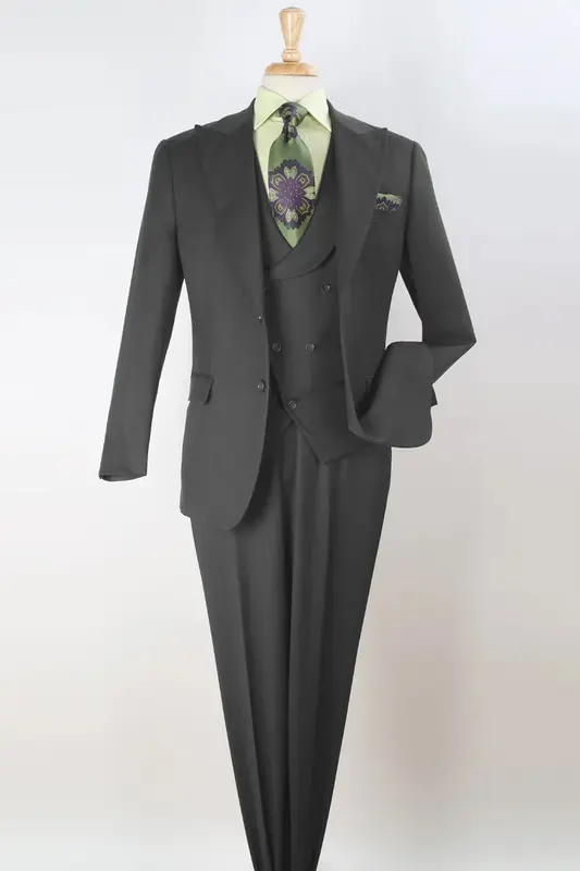 Charcoal Grey Wool Suit: Men's Double Breasted Vest with Wide Peak Lapel