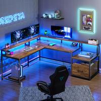 SEDETA 66-inch LED L-Shaped Gaming Desk with Storage，Large Computer Gaming PC Desk, Writing Table Study Desk for Bedroom, S...