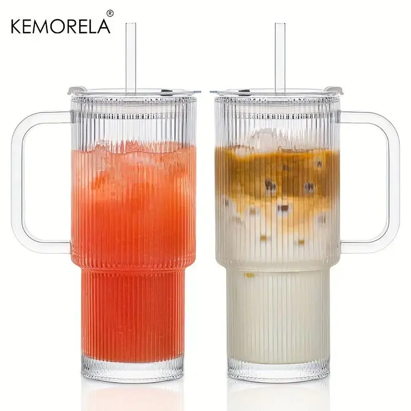 Glass Tumbler with Handle & Lid, 1/2 Counts Large Capacity Iced Coffee Cup with Straw, Modern Glass Mug for Cold & Hot Bevera...