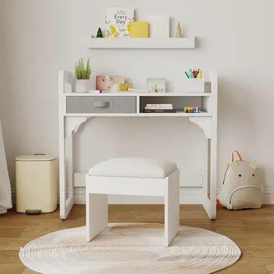 Garvee Kids Study Desk and Chair Set with Drawers and Pen Holder, Height Adjustable for Boys and Girl Ages 3-10, White