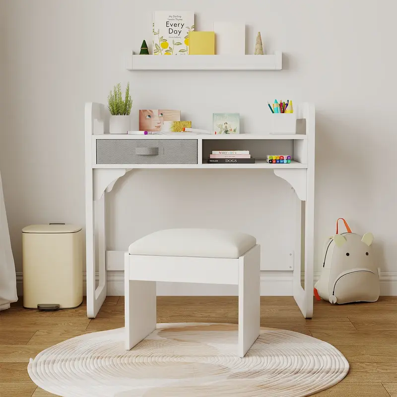 Garvee Kids Study Desk and Chair Set with Drawers and Pen Holder, Height Adjustable for Boys and Girl Ages 3-10, White