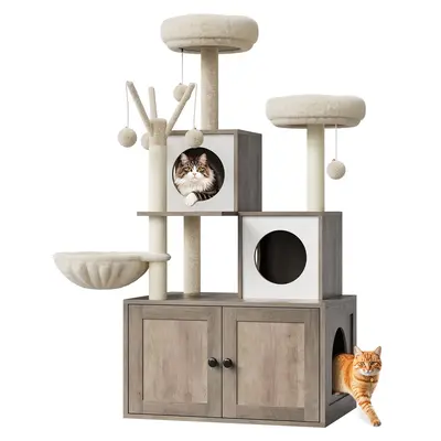 Garvee 54-Inch Litter Box Enclosure with Cat Tree, 2-in-1 Modern Large Cat Tower for Indoor Cats with Condo/Hammock/Scratchin...