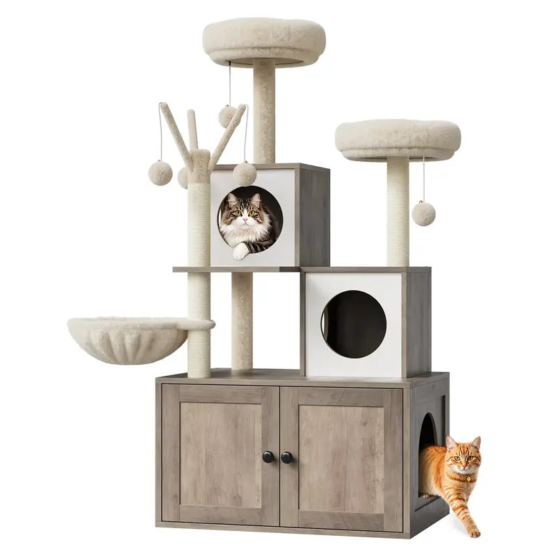 Garvee 54-Inch Litter Box Enclosure with Cat Tree, 2-in-1 Modern Large Cat Tower for Indoor Cats with Condo/Hammock/Scratchin...