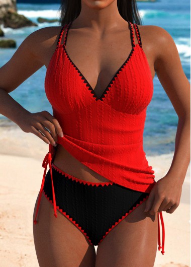 Modlily Mid Waisted Cut Out Red Tankini Set - XL