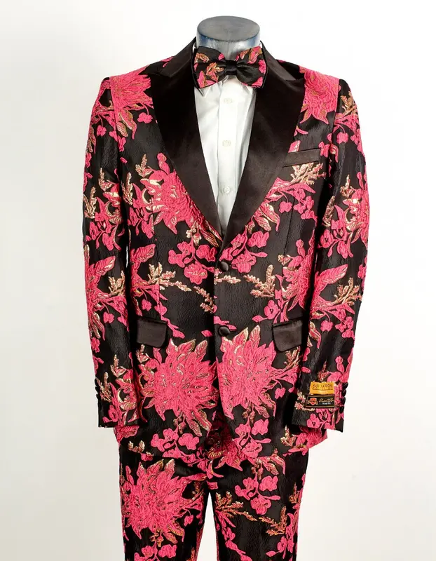 Light Pink Suit For Men's Fuchsia Pink & Black Floral Paisley Prom Tuxedo