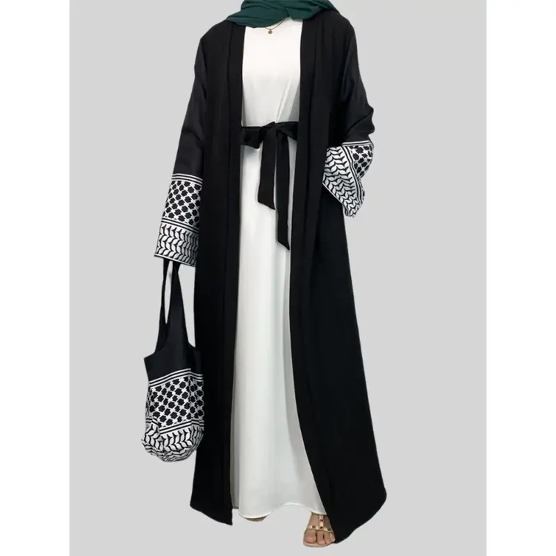 1452# 2 PCS set Open Abaya With Crossbody Bag Palestine-Inspired Printed Soft Linen Keffiyeh for Women Muslim 2025 Eid