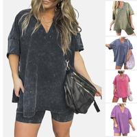 Women Washed 2 Piece Set Lounge Set Oversized Tops Biker Shorts V Neck Drop Shoulder Comfy Casual Clothing Basic Womenswear S...
