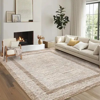 Garvee Bordered Brown 9x12 Large Modern Area Rug Distressed Rug Soft Non Shedding Floor Carpet, Geometric Rug, Washable Non S...