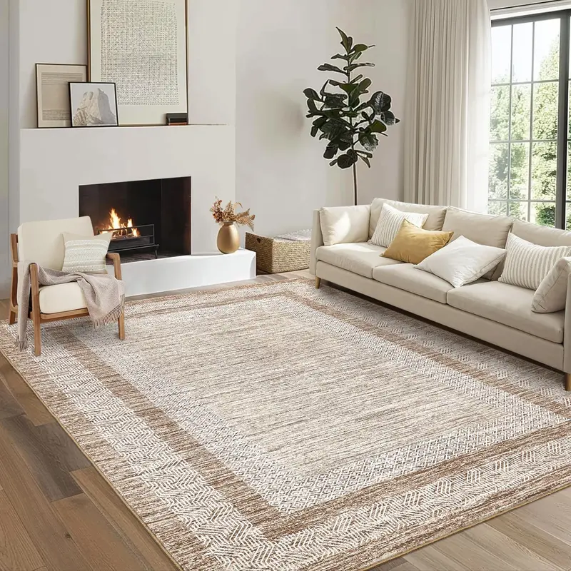 Garvee Bordered Brown 9x12 Large Modern Area Rug Distressed Rug Soft Non Shedding Floor Carpet, Geometric Rug, Washable Non S...
