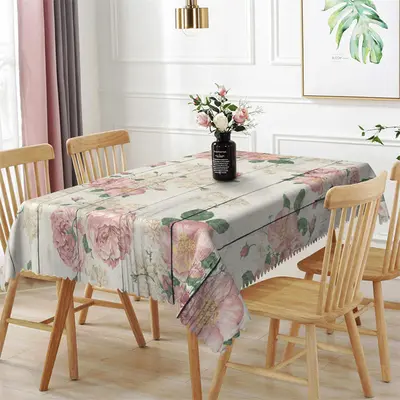 Pink Floral Wooden Texture Rectangle Tablecloth - Aperturee