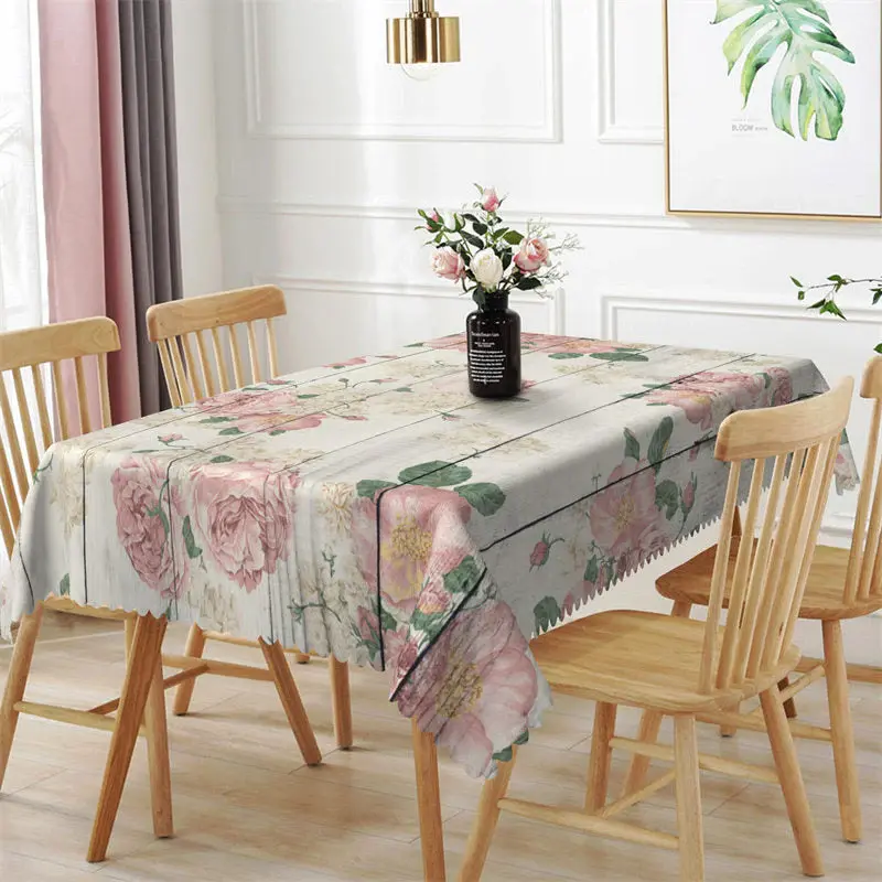Pink Floral Wooden Texture Rectangle Tablecloth - Aperturee